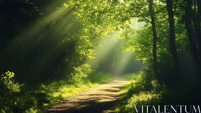 Sunlit Forest Path with Lush Greenery in Tranquil Morning Light.