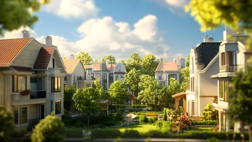 Sunlit suburban villas embrace a lush, tranquil garden courtyard