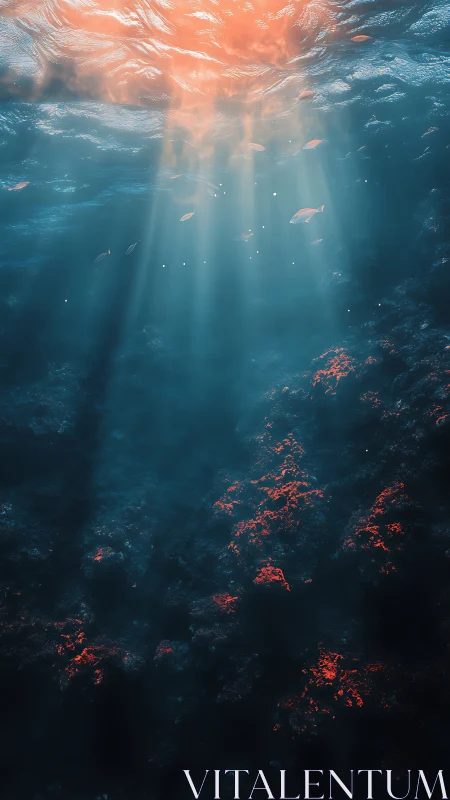 Sunlit underwater reef with red coral and scattered fish.