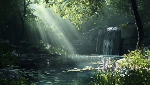 Volumetric light over shaded forest pool with dual rock waterfalls