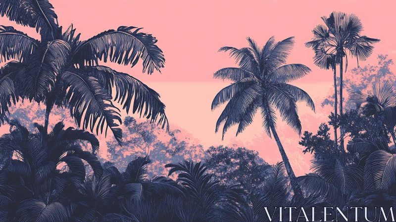 Sunlit palm canopy over stylized coral twilight sky.