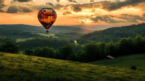 Sunlit hot air balloon drifting over rolling green hills.