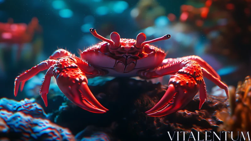Curious red crab explores a glowing, colorful coral reef