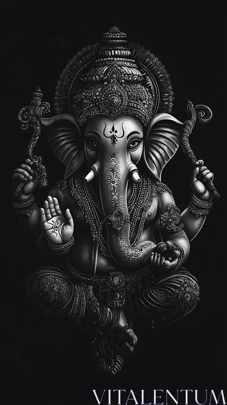 Luminous Ganesha in shadowed silver, carved with cosmic calm.