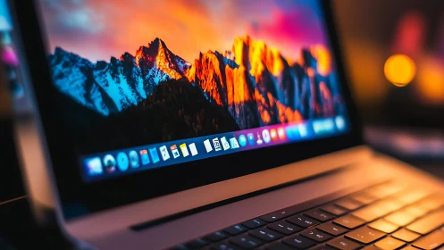 Retina laptop display with vivid mountain wallpaper at dusk