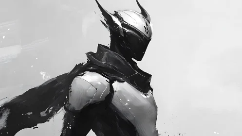 Monochrome armored sentinel rendered with dynamic brushstroke motion