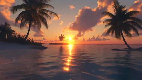Tropical island sunset with palm silhouettes over calm water.