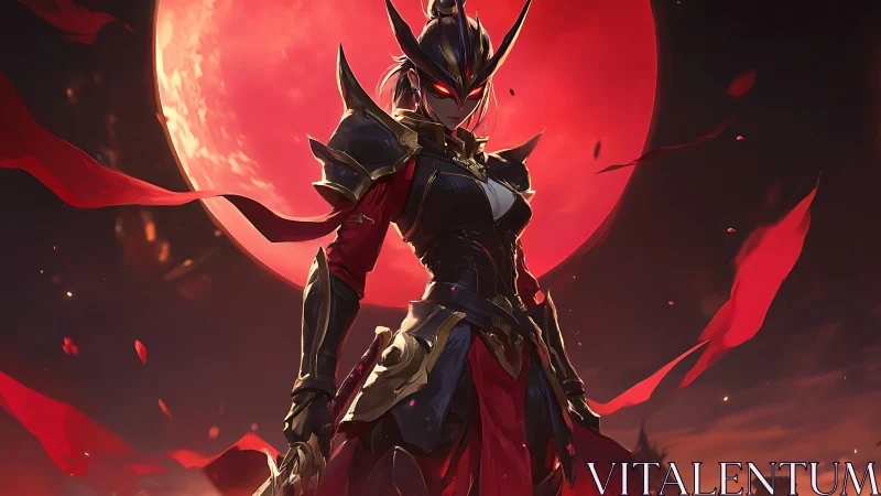Armored crimson warrior under eclipsed blood-red moon.