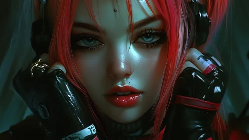 Neon haired cyber muse listening deep within the music.