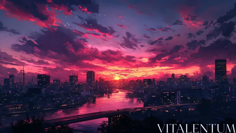 Dense riverside city skyline under vivid red sunset sky.