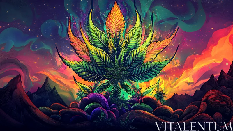 Psychedelic cannabis leaf rises in a neon cosmic sky.