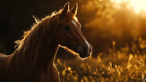 Chestnut horse profile is backlit in low evening sunlight