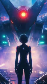 Neon pilot confronts awakened mech in violet city haze.