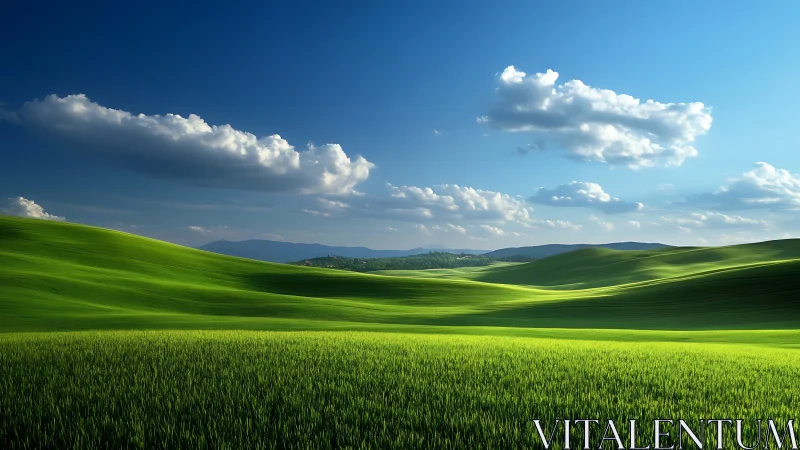 Sunlit green hills roll beneath deep blue summer sky.