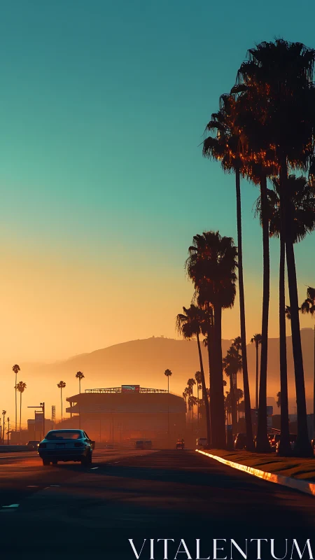 Sunset boulevard with palm trees, stadium and distant hills.