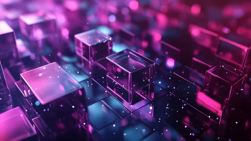 Futuristic glass cubes in neon pink and blue abstract digital art.