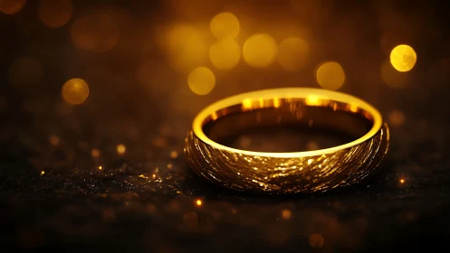 Gold wedding band on dark glitter surface, warm bokeh glow.
