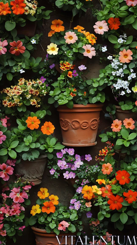 Vertical Garden Composition with Terracotta Pots and Mixed Flowering Plants