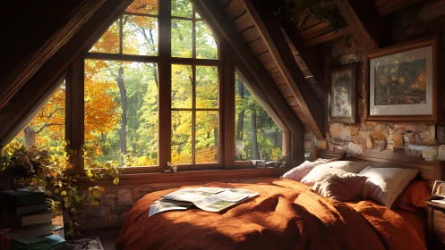 Cozy attic bedroom wrapped in warm autumn window light.