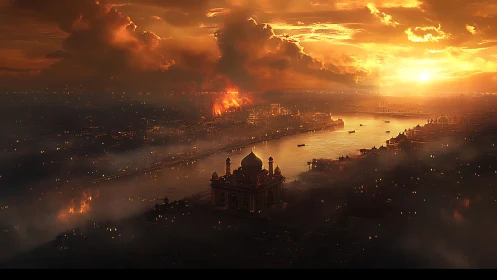 Apocalyptic Cityscape with Sacred Temple at Sunset Amid Flames