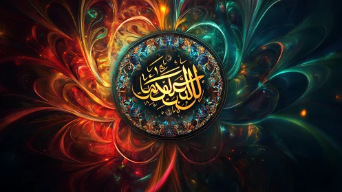 Radiant Arabic calligraphy medallion amid cosmic swirls.