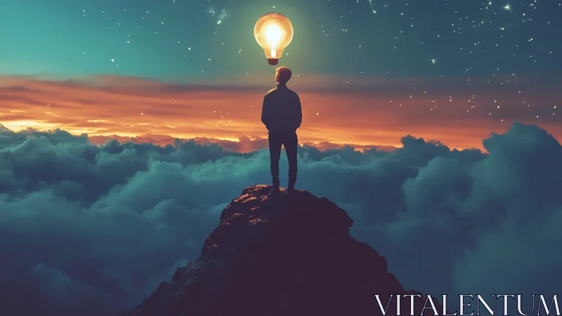 Quiet dreamer on a cloud peak crowned by bright idea.