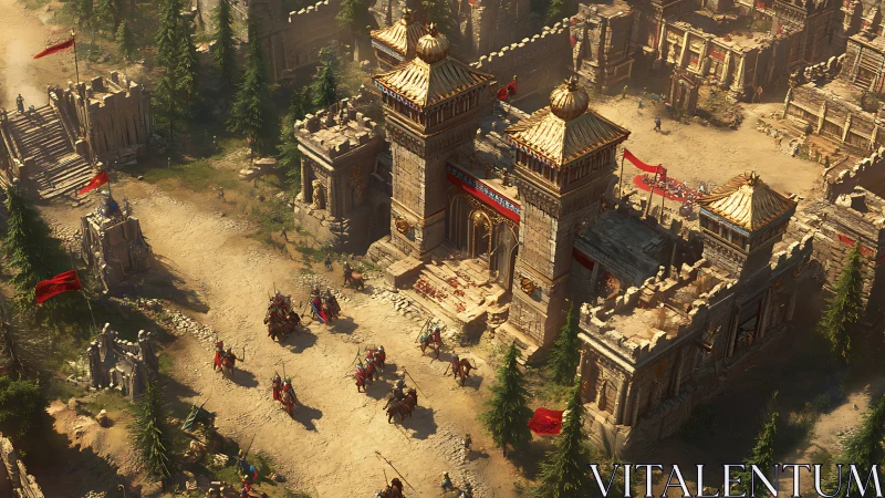 Medieval fantasy fortress with cavalry entering gate.