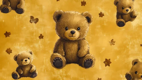 Cuddly brown teddy bears float softly across a golden sky
