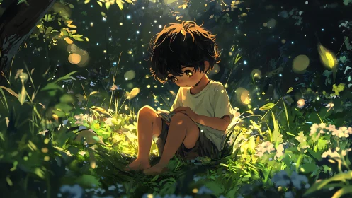 Child seated in illuminated forest clearing at night.