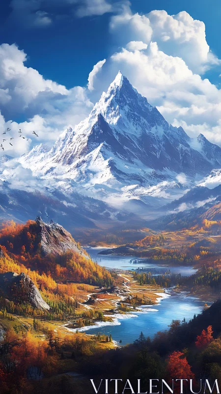 Snowcrowned titan above autumn river’s winding ribbon.