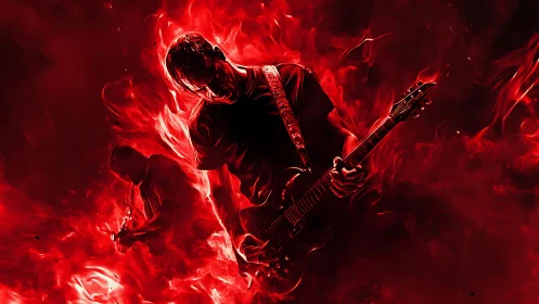 Electric guitarist in red fiery haze with dynamic lighting