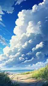 Digital painting seascape with towering cumulonimbus formations.