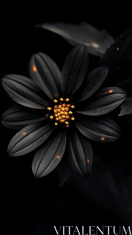 Black Flower with Golden Center Against Dark Background.