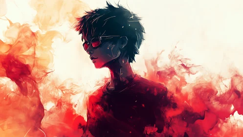 Cool teen in red smoke, standing calm in swirling color.