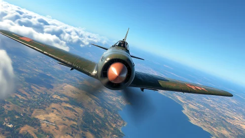 Single propeller fighter aircraft in level coastal flight