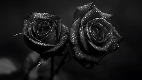 Monochromatic Roses with Dewdrops Against Dark Background.