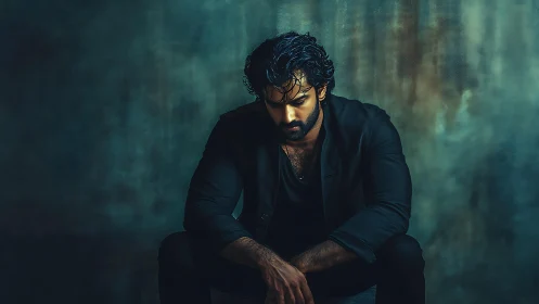 Low-key portrait of seated man in moody cinematic lighting.