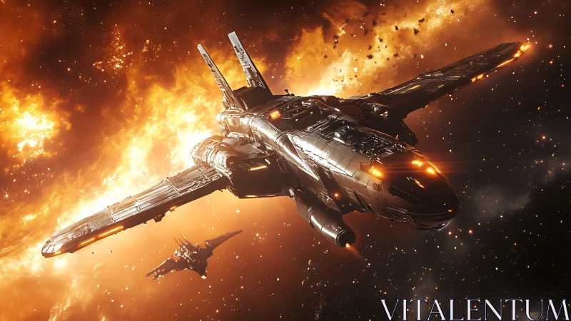 Large spacecraft in illuminated debris field in outer space.