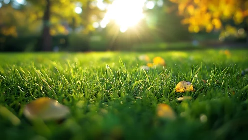 Morning light kissing dewy grass in a quiet green park.