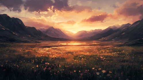 Radiant alpine valley at sunset with luminous floral field.