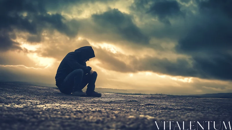 Quiet storm of solitude beneath a restless, glowing sky.