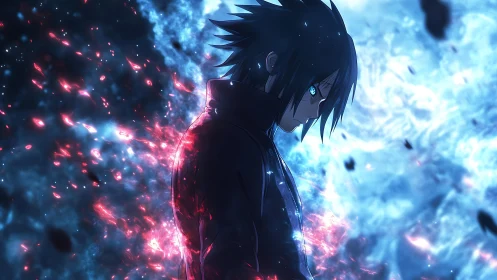 Stoic anime warrior commands crackling blue red energy.