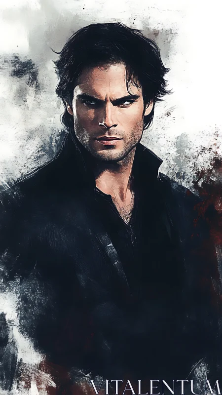 Male portrait in dark clothing against abstract background.