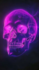 Human skull rendered in neon magenta light against black field