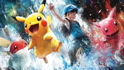 Energetic trainer with Pikachu and two colorful creatures.