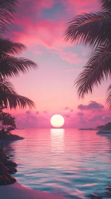Gentle tropical sunset glows over calm pink and teal sea