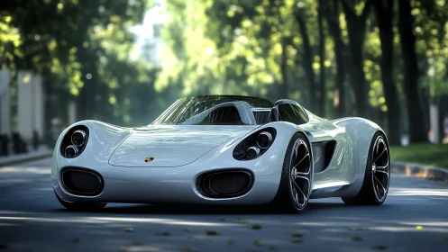 Sleek white roadster under lush tree-lined boulevard light.