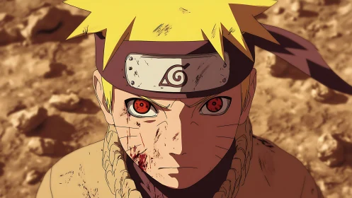 Battle-worn ninja stares ahead with fierce, glowing eyes.