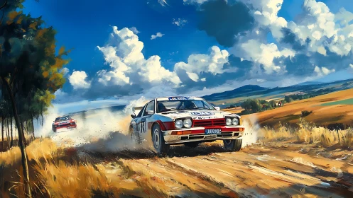 Rally cars on dirt road in rural landscape under clouds.