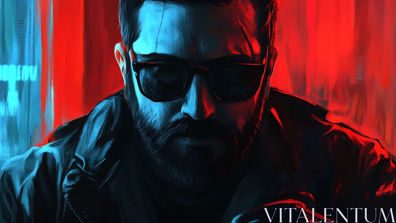 Bearded figure in sunglasses is lit by red and blue lighting